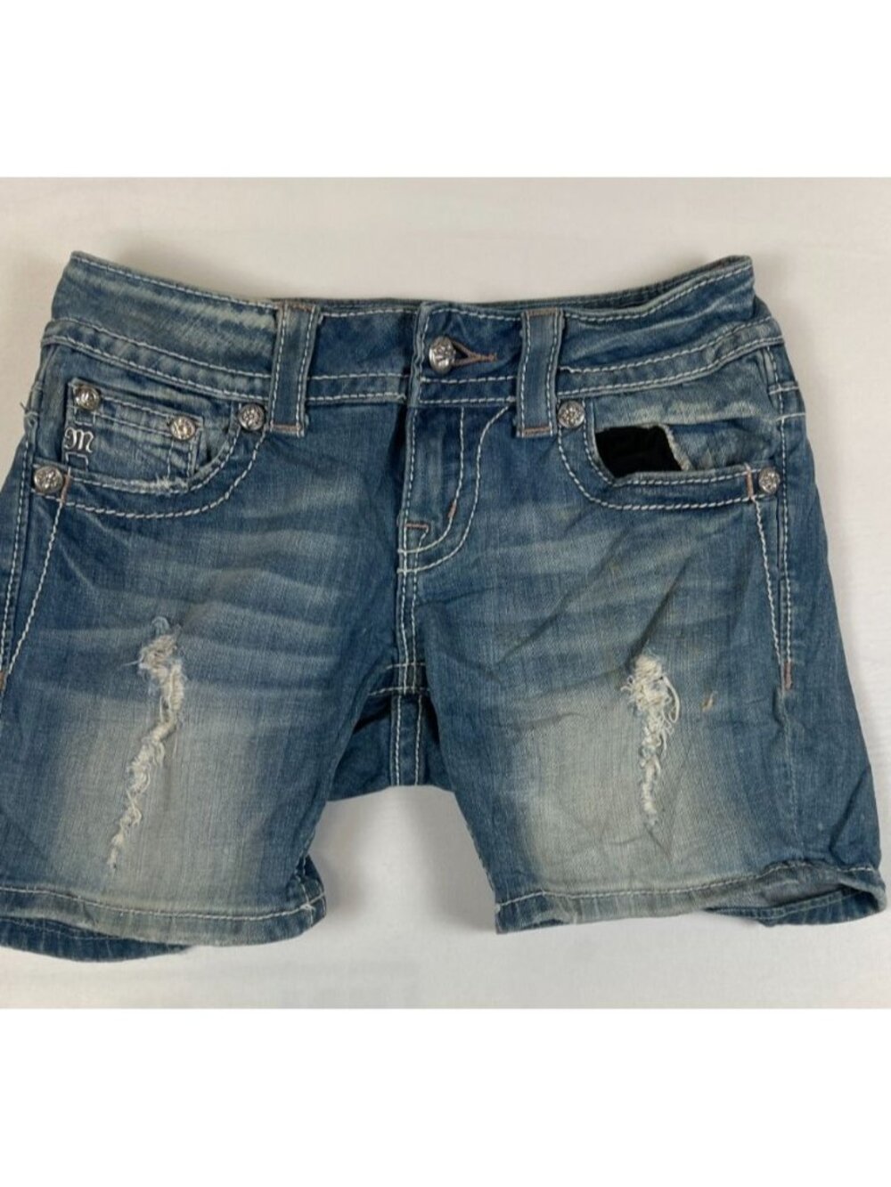 Miss Me Women 26 Blue Denim Mid Shorts Embellished Crystal Pocket Distressed